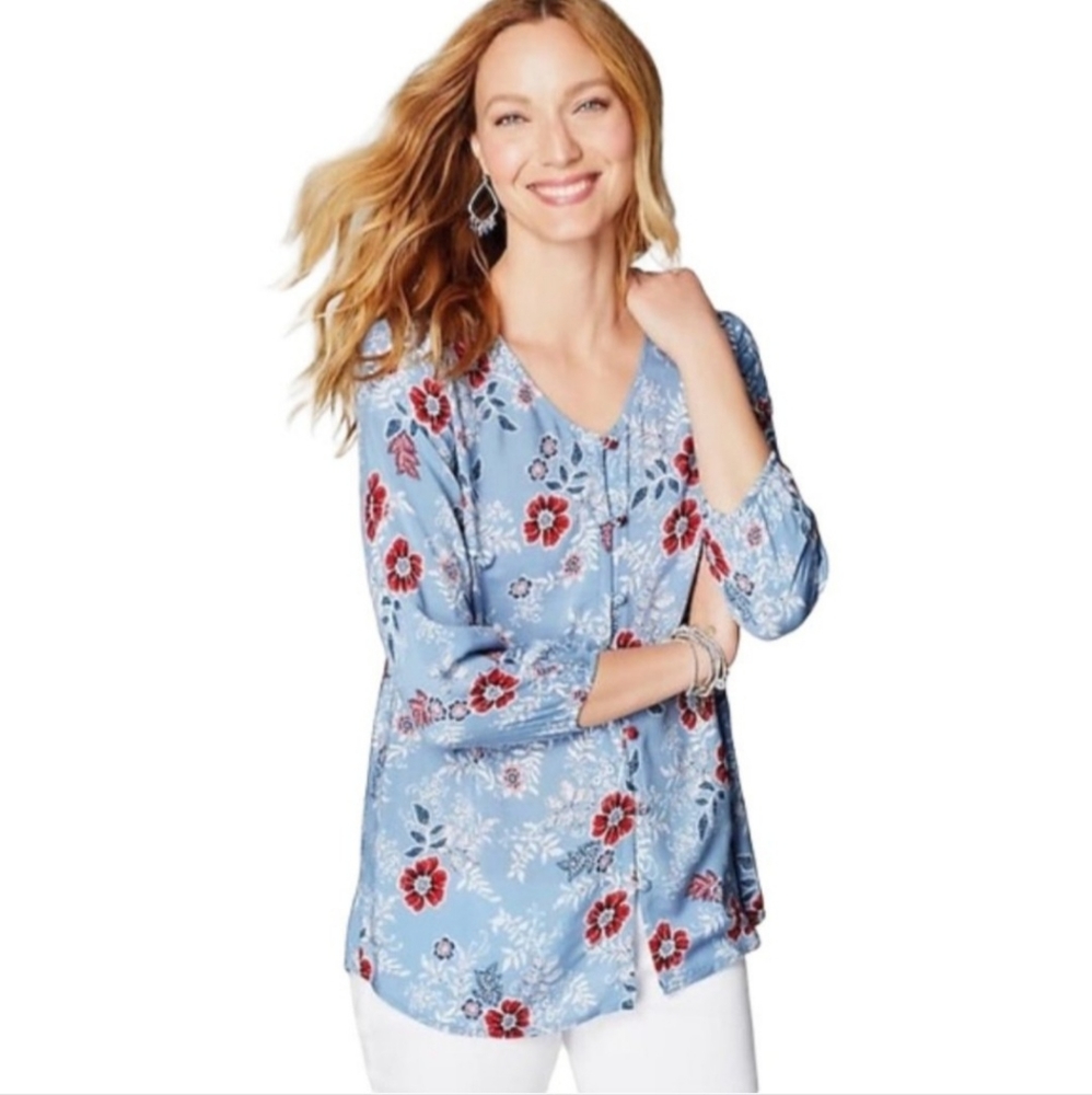 J. Jill‎ Light Blue Floral Button Front Blouse